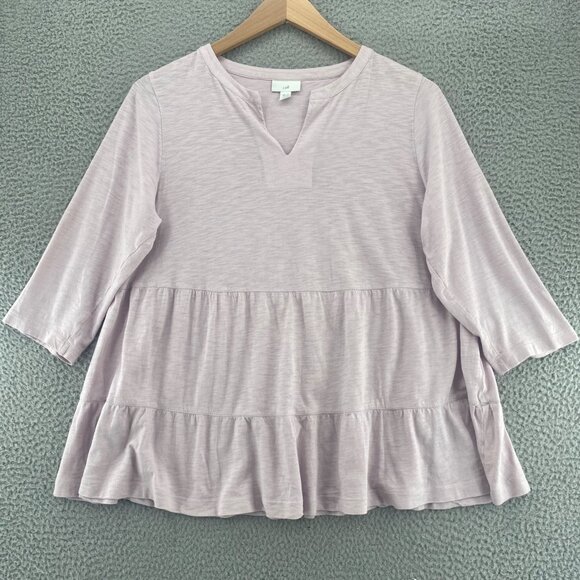 J Jill Top Womens Medium Purple Slub Stretch 3/4 Sleeve Tiered V Neck Pullover - Picture 1 of 10